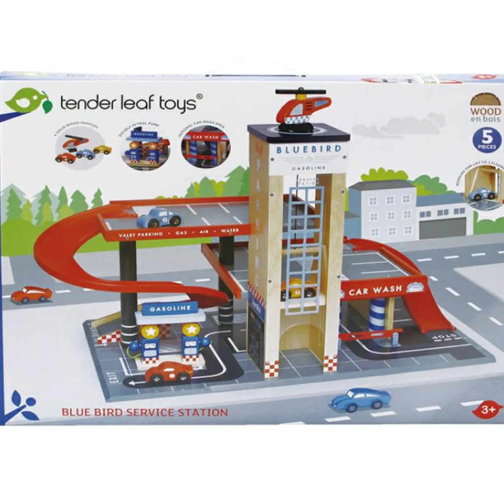 Sale Garage et station de service Blue Bird en bois Petites Voitures, Véhicules Et Circuits