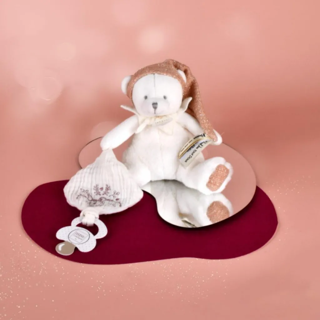 Hot Peluche attache-sucette Ours Pantin Rose (20 cm) Doudou Attache Sucette