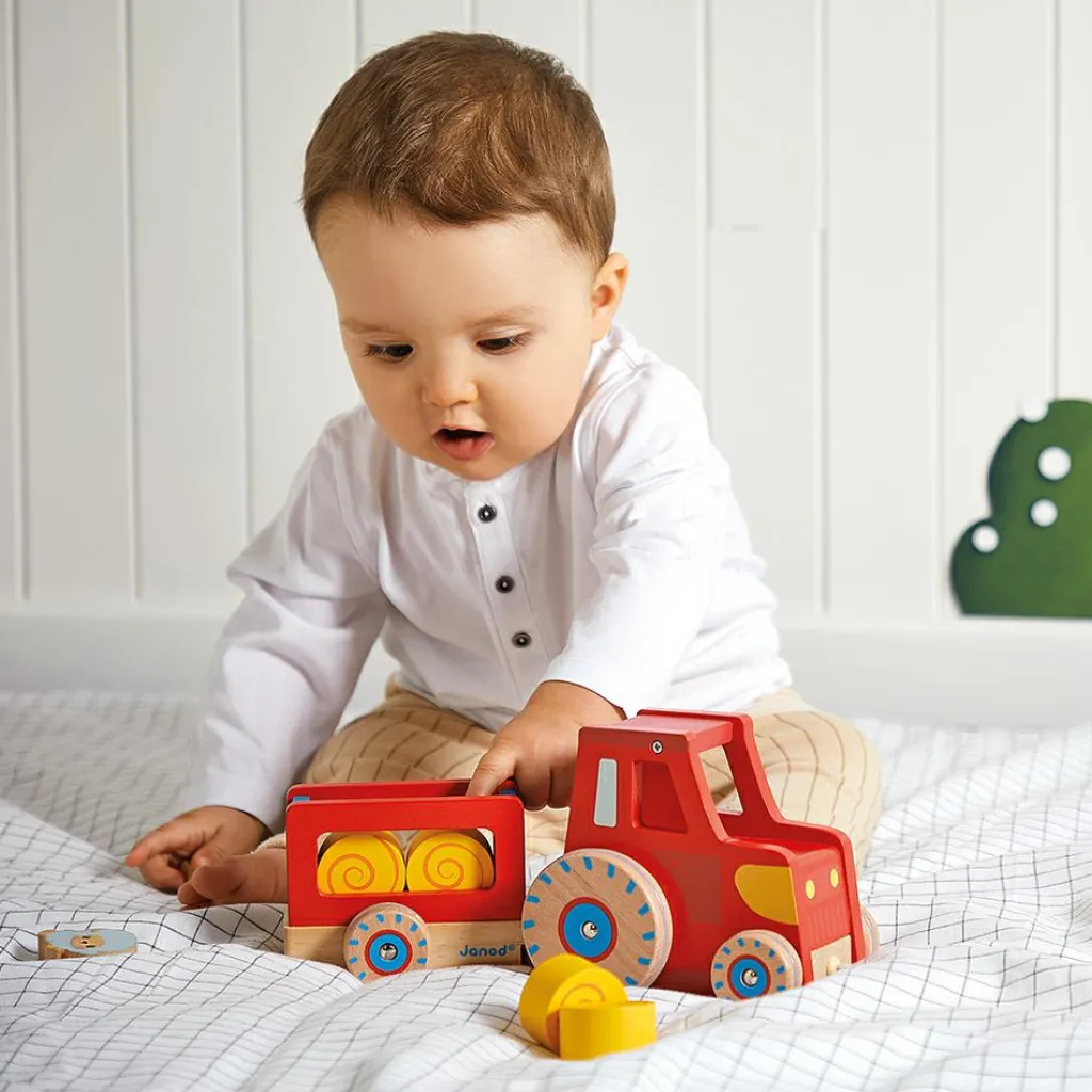 New Tracteur en bois à tirer Ferme (7 pièces) Jouet À Tirer / Pousser
