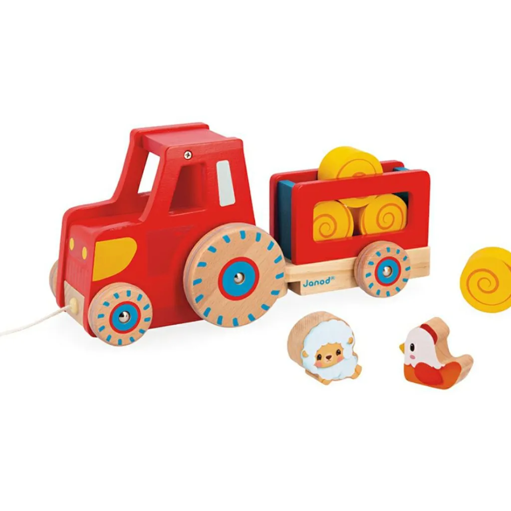New Tracteur en bois à tirer Ferme (7 pièces) Jouet À Tirer / Pousser
