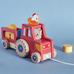 New Tracteur en bois à tirer Ferme (7 pièces) Jouet À Tirer / Pousser