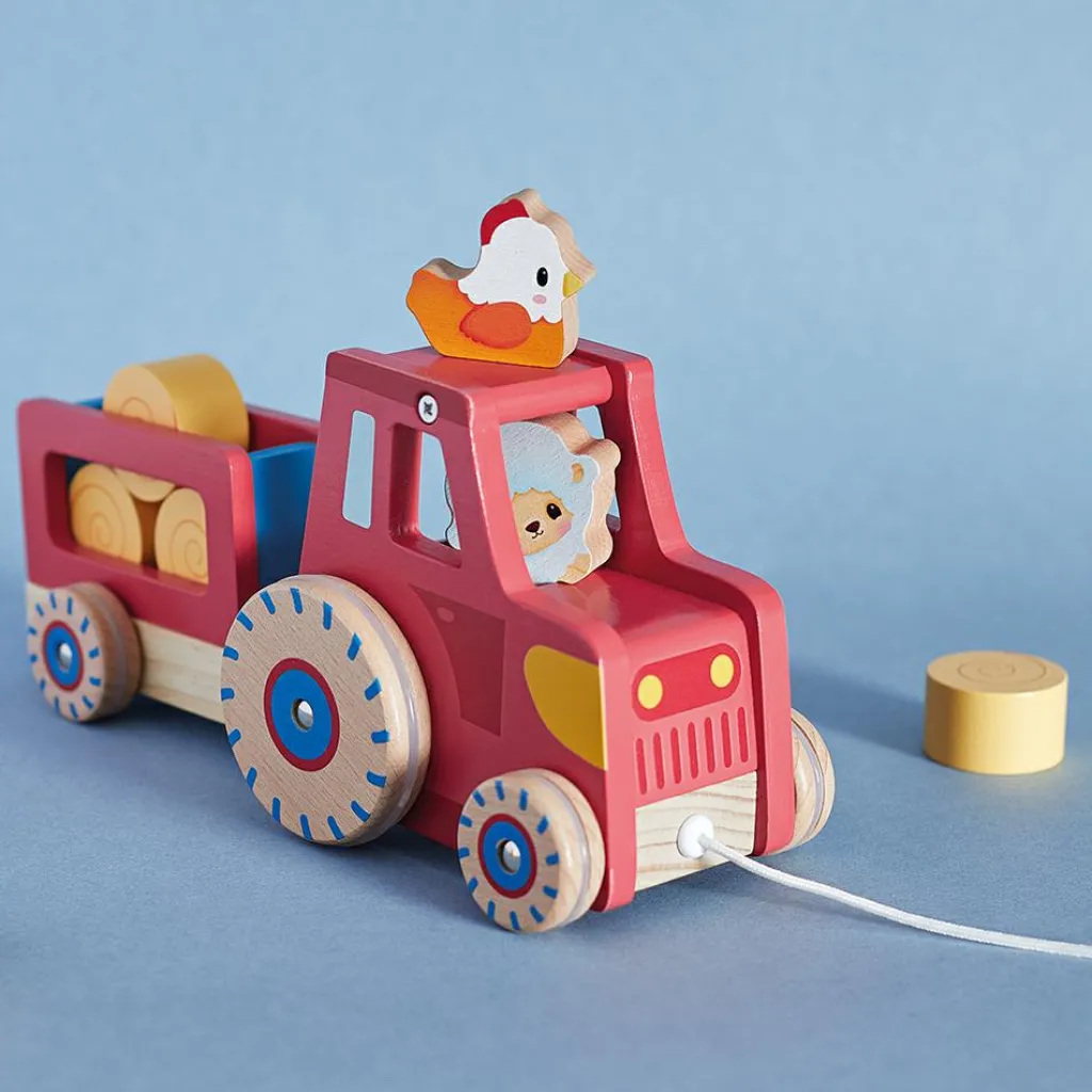 New Tracteur en bois à tirer Ferme (7 pièces) Jouet À Tirer / Pousser